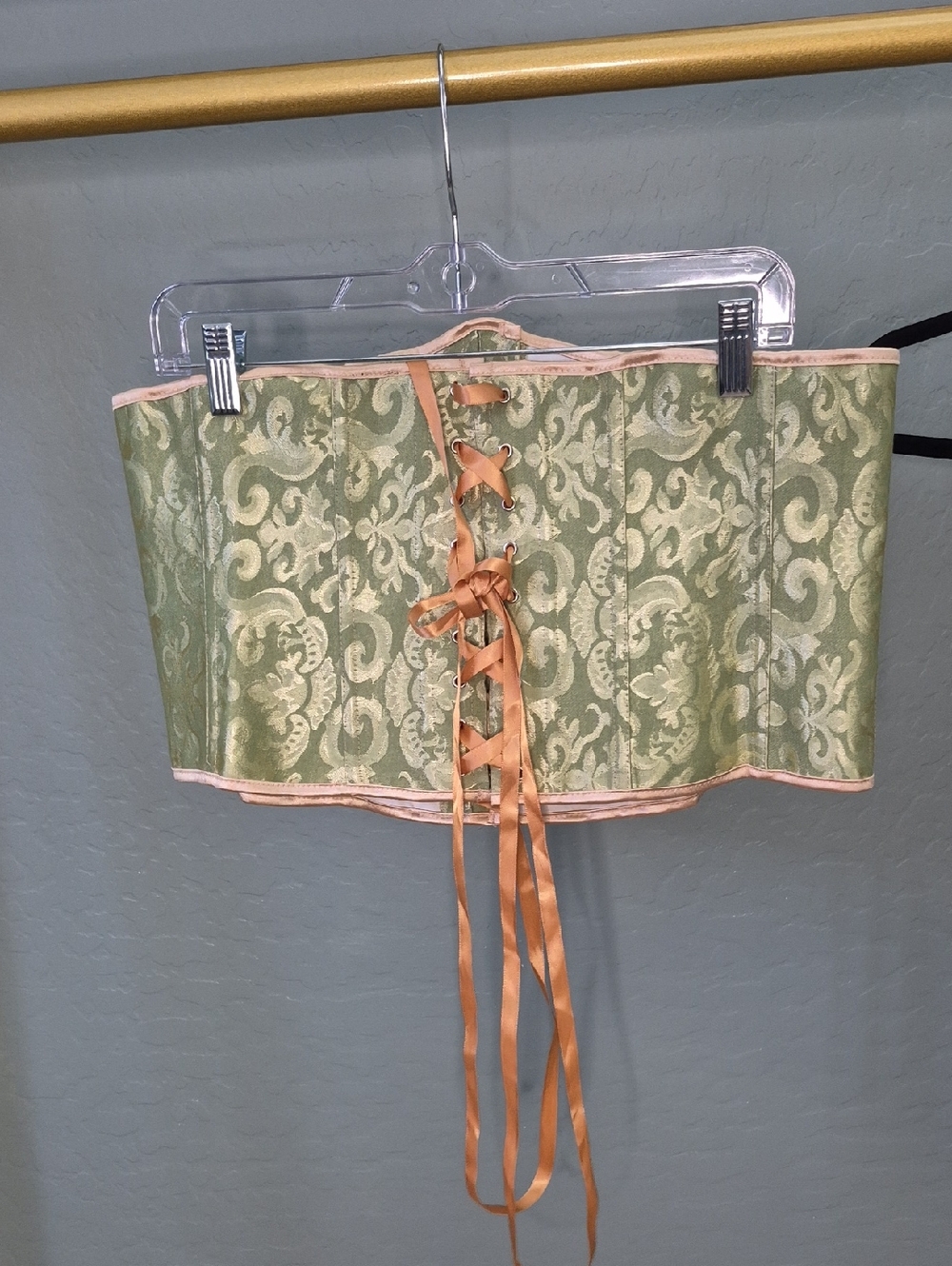Green Brocade Lace-Up Corset with Peach Trim Nwt!